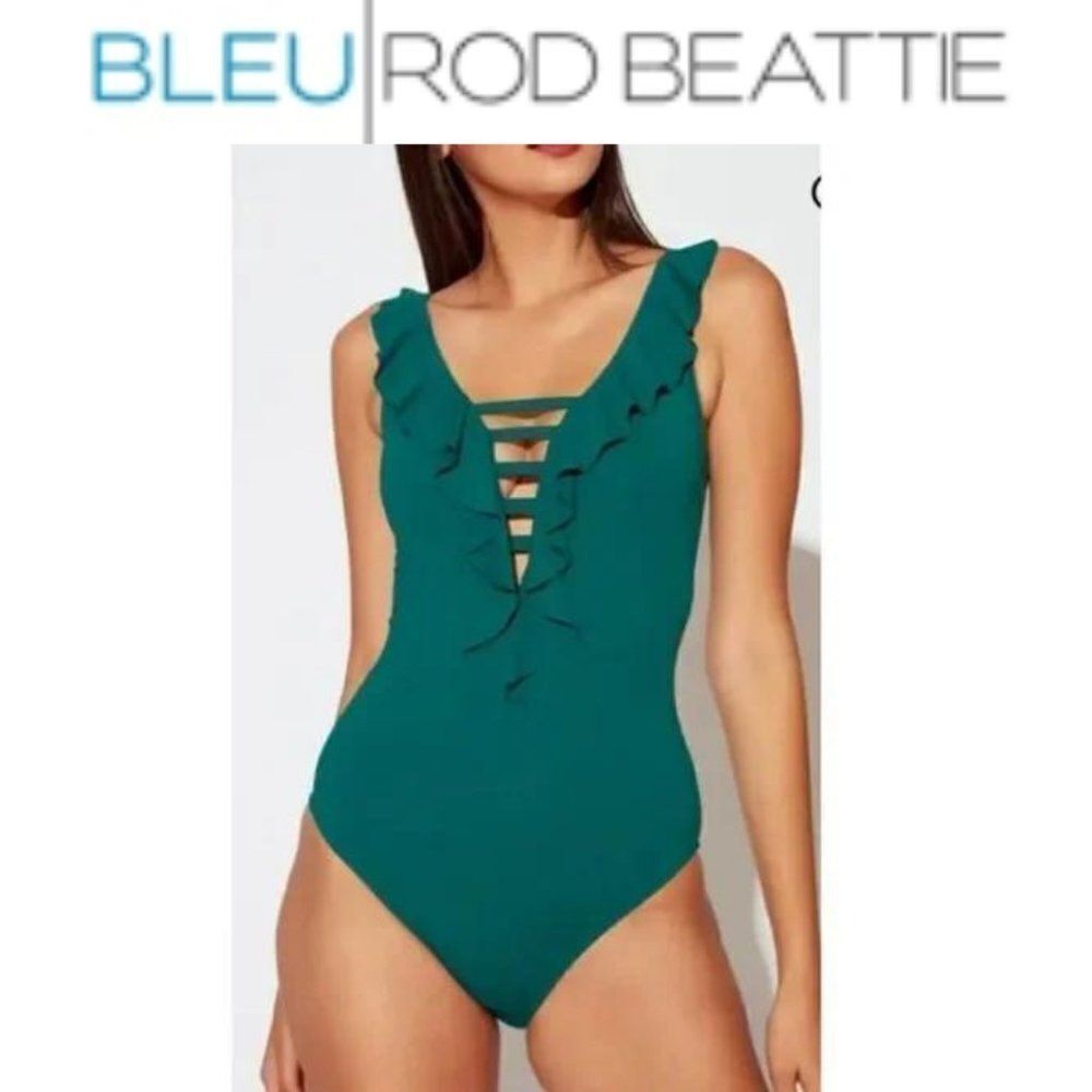 BLEU ROD BEATTIE PLUNGE RUFFLE HALTER ONE PIECE GREEN SWIMSUIT SZ 6